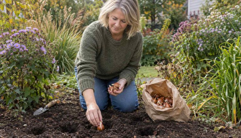 A woman planting tulip bulbs in a garden border