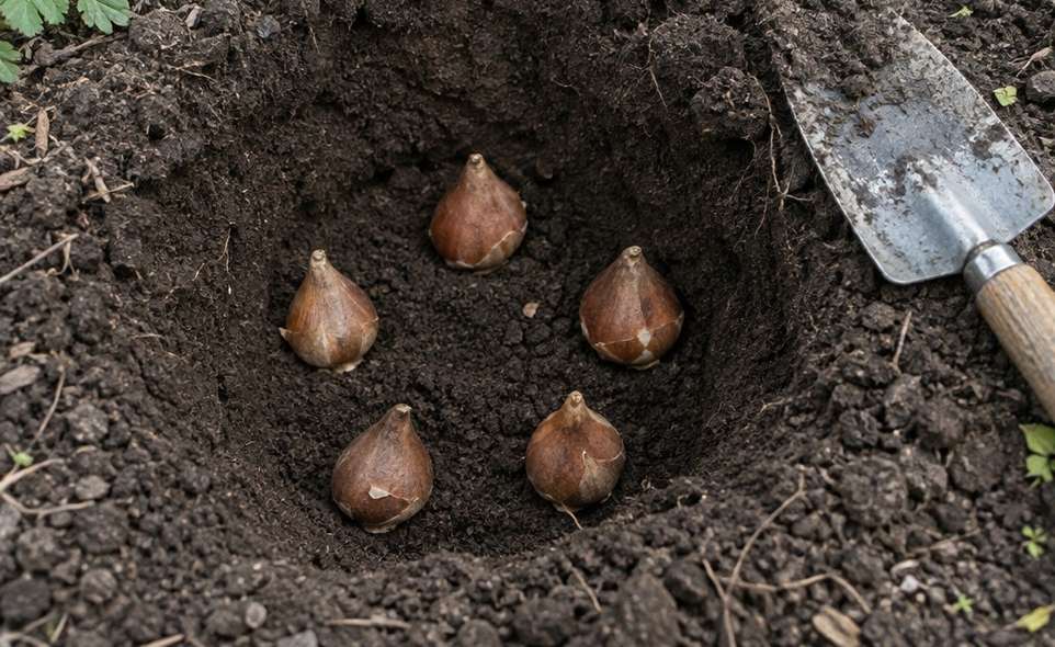 tulip bulbs set pointed tip up in a deep planting hole in garden soil