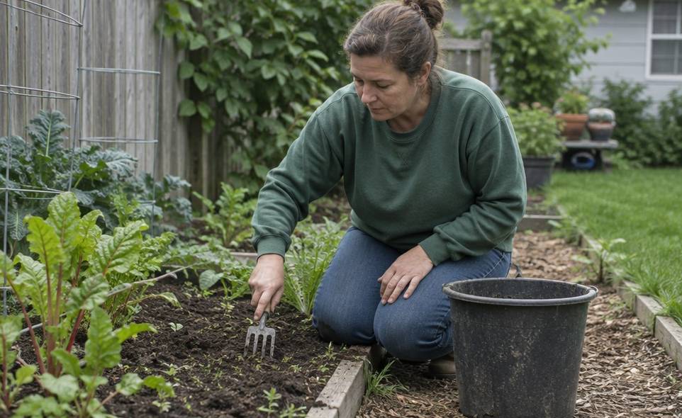 a person kneeling at a small garden bed with a hand fork, a bucket beside them