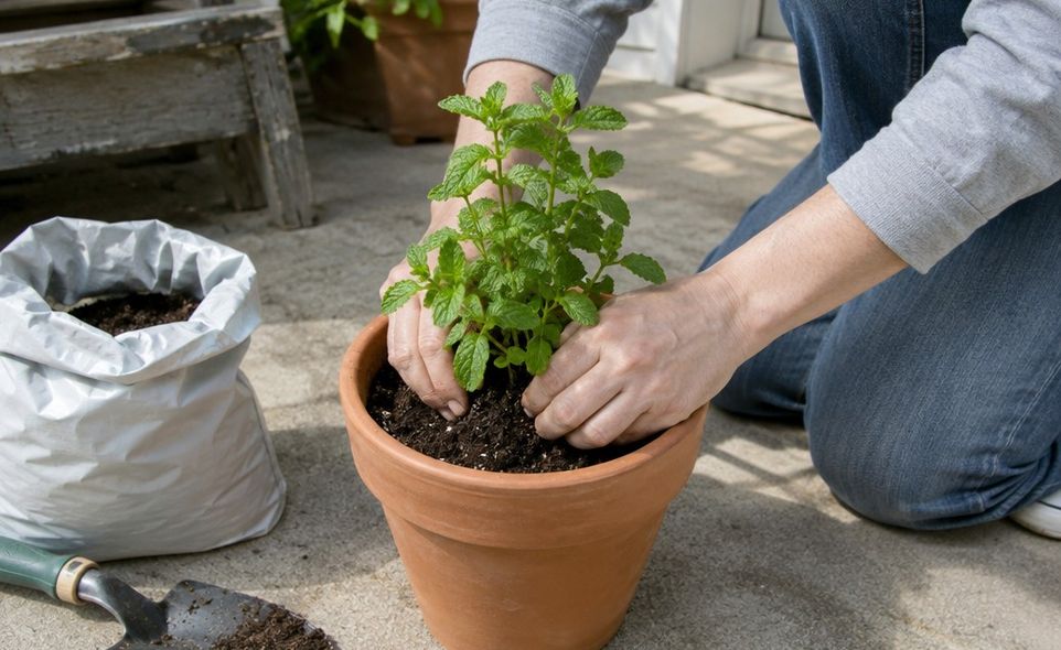 hands setting a small mint plant into a terracotta pot on a doorstep