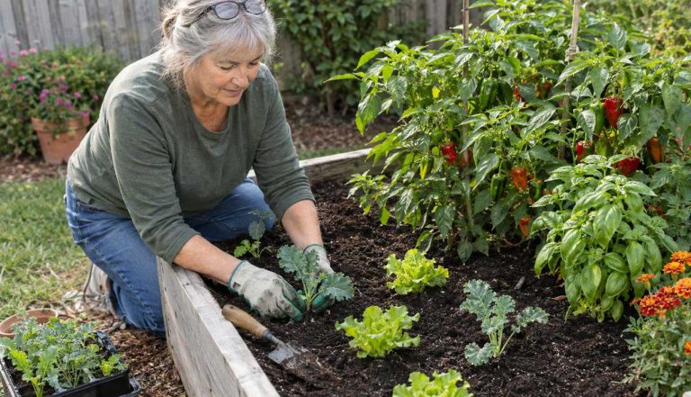 A gardener planting cool-season seedlings beside late-summer peppers in a raised bed